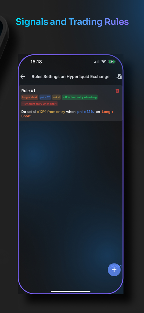 Screen displaying trading rule settings on Hyperliquid Exchange within the Dopamine crypto app