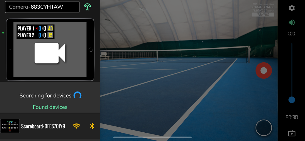 BT Tennis Camera app interface showing device synchronization and live recording view of a tennis court.