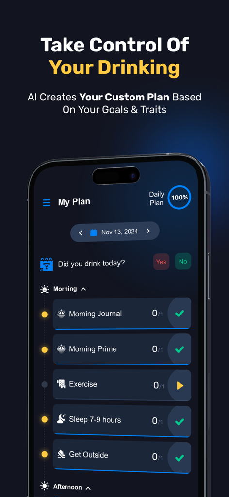 Soob - Soob app interface displaying a personalized daily plan to take control of drinking with tasks like morning journaling and exercise.