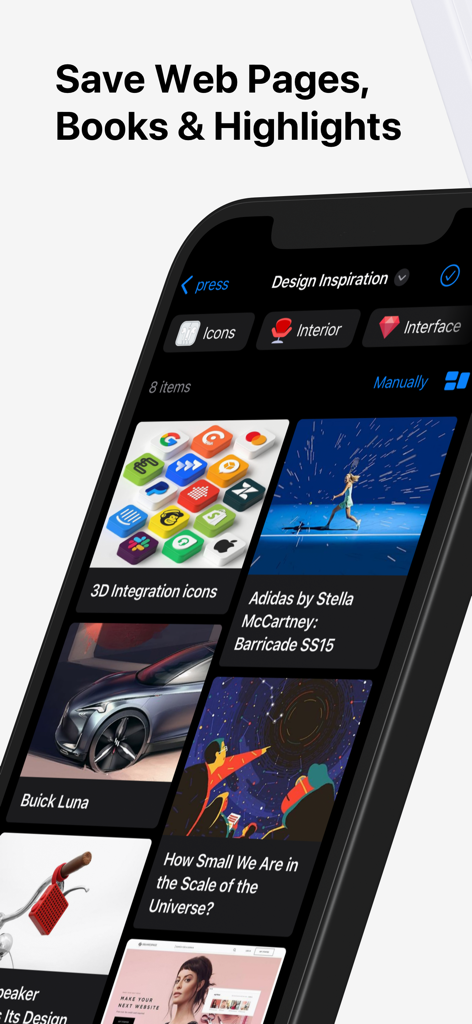 Raindrop.io - Raindrop.io mobile app interface displaying a curated collection of visual bookmarks for design inspiration