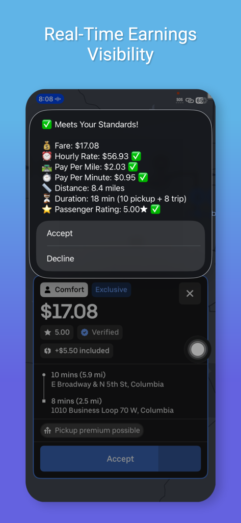 Real-time earnings visibility screen in the Revealed plus app showing trip fare hourly rate and distance metrics