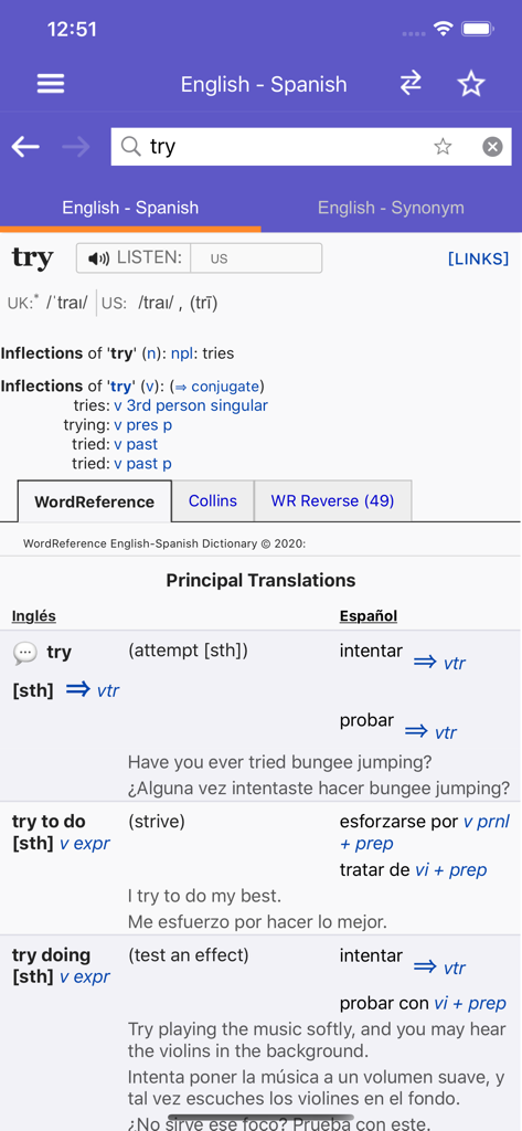 WordReference app interface showing English to Spanish translation for the word try with usage examples