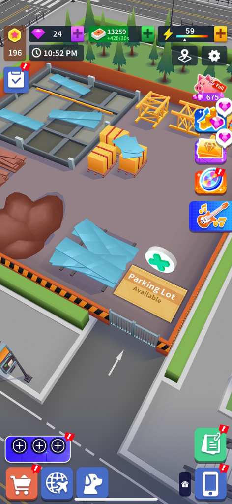 Expanding a parking lot and apartment building foundation in Idle Landlord Sim