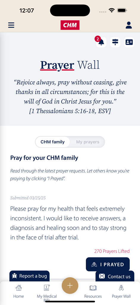 CHM Member Portal - 지역사회 기도 요청과 데살로니가전서의 성경 구절을 보여주는 CHM 회원 포털 앱의 기도 벽 화면.