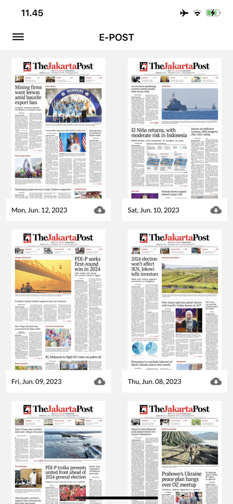 Interfaccia dell'app The Jakarta Post che mostra una griglia di edizioni digitali e-paper giornaliere