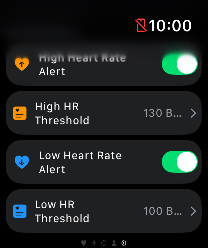 watchHR - Apple Watch上のwatchHRアプリインターフェースで、高心拍数と低心拍数の心拍数アラートしきい値設定を表示