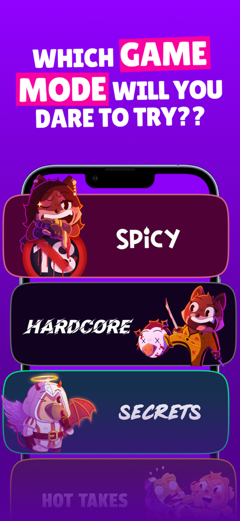 Insight - Play With Friends - Insightアプリのゲームモードの選択画面。Spicy、Hardcore、Secretsなどのモードが含まれています。