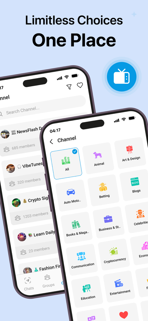 Interface do aplicativo Telegram Tools mostrando uma lista categorizada de canais, incluindo negócios de criptomoedas e educação