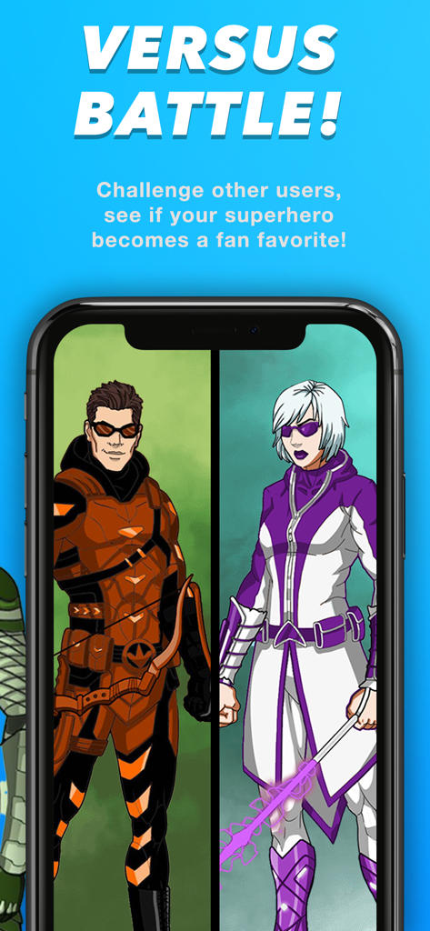 Two custom superheroes in a versus battle split screen within the app