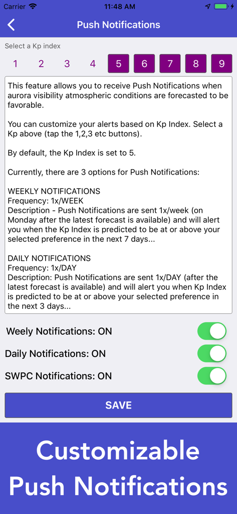 Customizable push notification settings in the Aurora Forecast and Alerts app showing Kp index selection and alert frequency options.