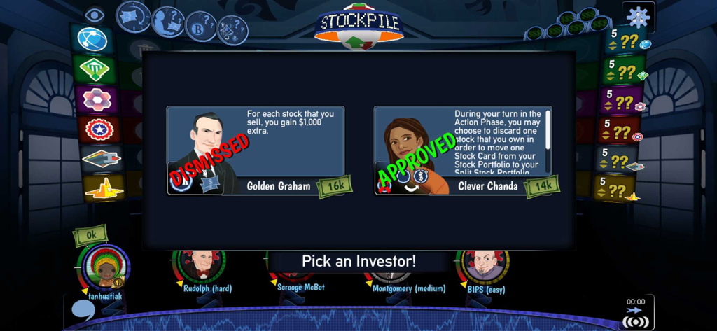 Stockpile Game - Tela de jogabilidade do Jogo Stockpile onde o jogador escolhe um personagem investidor