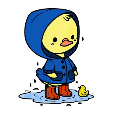 baby duck in a rain coat and boots, in a puddle while it’s raining