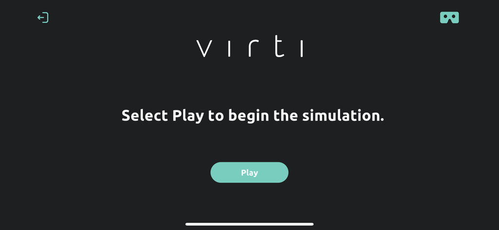 Virti - 開始ボタンとシミュレーションを開始するための指示が表示されたVirtiアプリの開始画面。