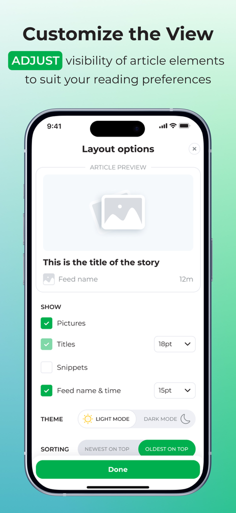 follow.it - Écran de personnalisation de la mise en page dans l'application follow.it montrant les paramètres de taille de police, de visibilité des articles et de thèmes.