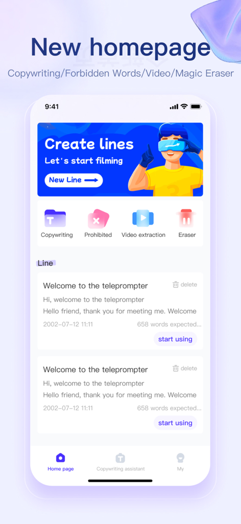 Teleprompter x - Teleprompter x app home screen showing video creation and script management tools