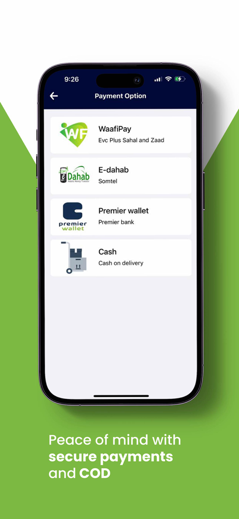 Geenyo app interface showing secure payment methods including mobile wallets and cash on delivery