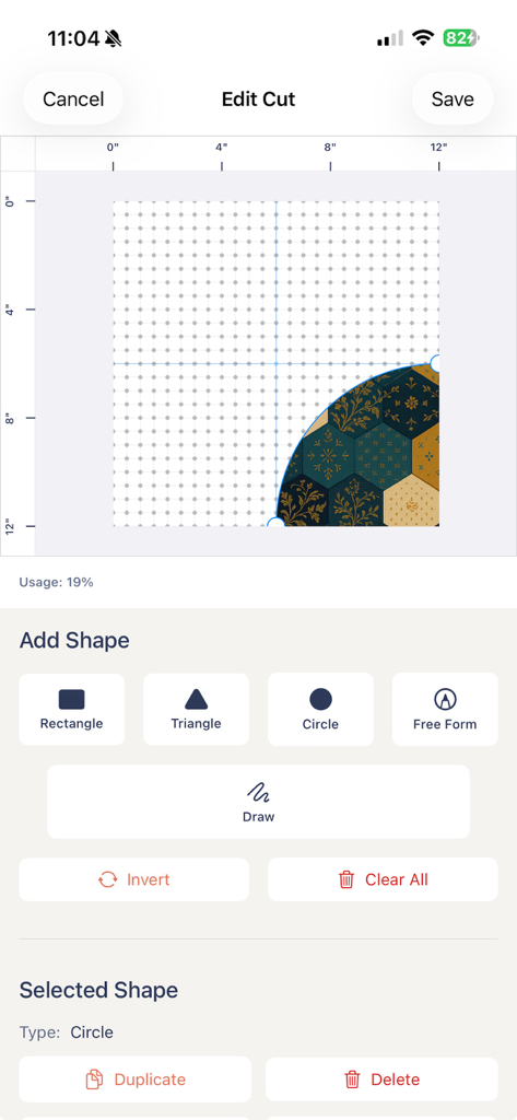 The Edit Cut screen in the Quiltler 3 app showing a circular fabric shape on a measured grid with tools for adding shapes and drawing designs.