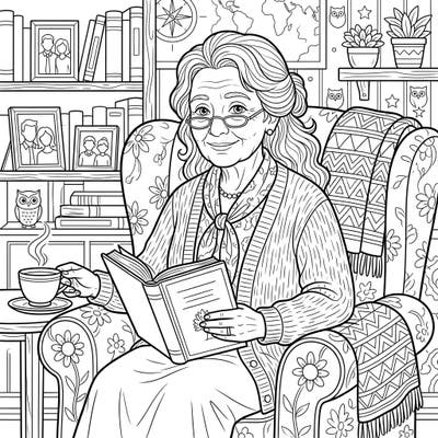 Immerse yourself in a scene of calm and contemplation with this beautiful coloring page featuring an elderly woman enjoying a good book. This detailed illustration invites colorists of all ages to celebrate the quiet beauty of wisdom and comfort.