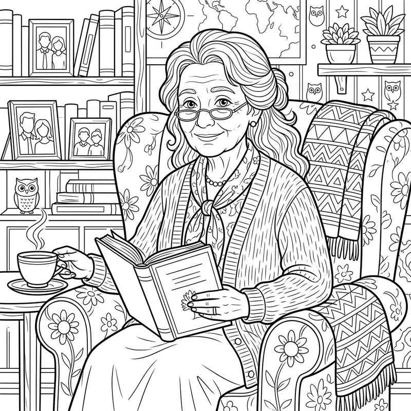 Immerse yourself in a scene of calm and contemplation with this beautiful coloring page featuring an elderly woman enjoying a good book. This detailed illustration invites colorists of all ages to celebrate the quiet beauty of wisdom and comfort.