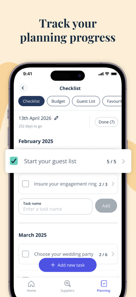 Bridebook - #1 Wedding Planner - Tela de checklist de planejamento de casamento do aplicativo Bridebook com tarefas e um cronômetro de contagem regressiva