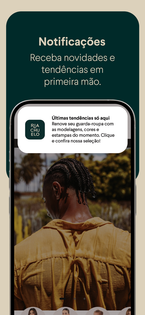 Riachuelo - Roupas e compras - Una pantalla móvil mostrando la función de notificaciones de la app Riachuelo para las últimas tendencias y noticias de moda.