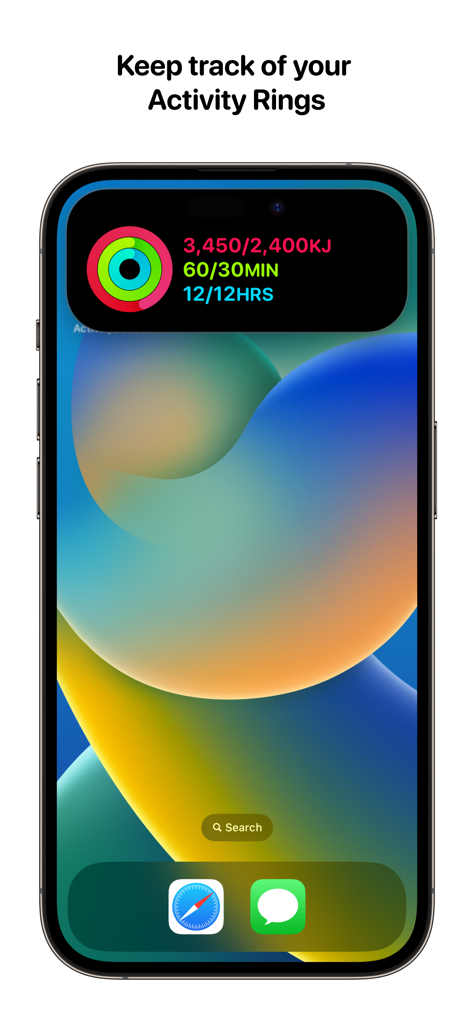 Widgets for Dynamic Island • - iPhone screen showing activity rings and fitness data in the dynamic island