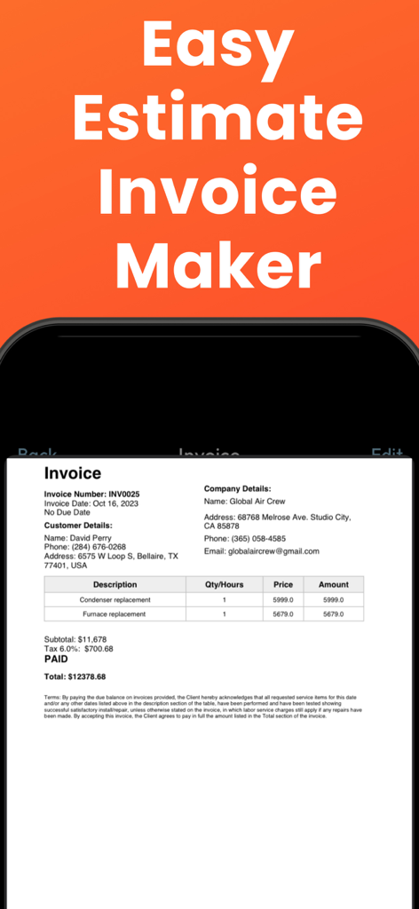 Interface de um aplicativo móvel exibindo uma fatura digital profissional para empreiteiros de serviços.