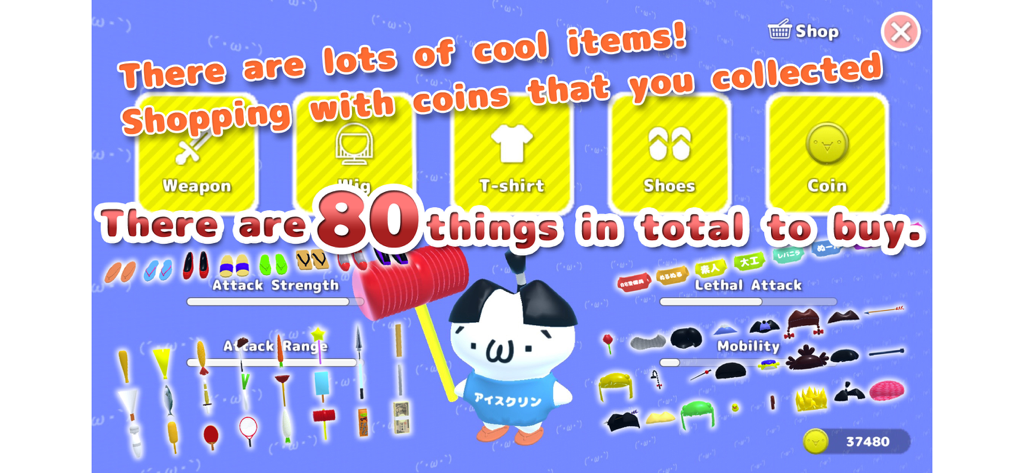 Syobon Chaos World 3D shop menu showing customization items like weapons and wigs for the cat character