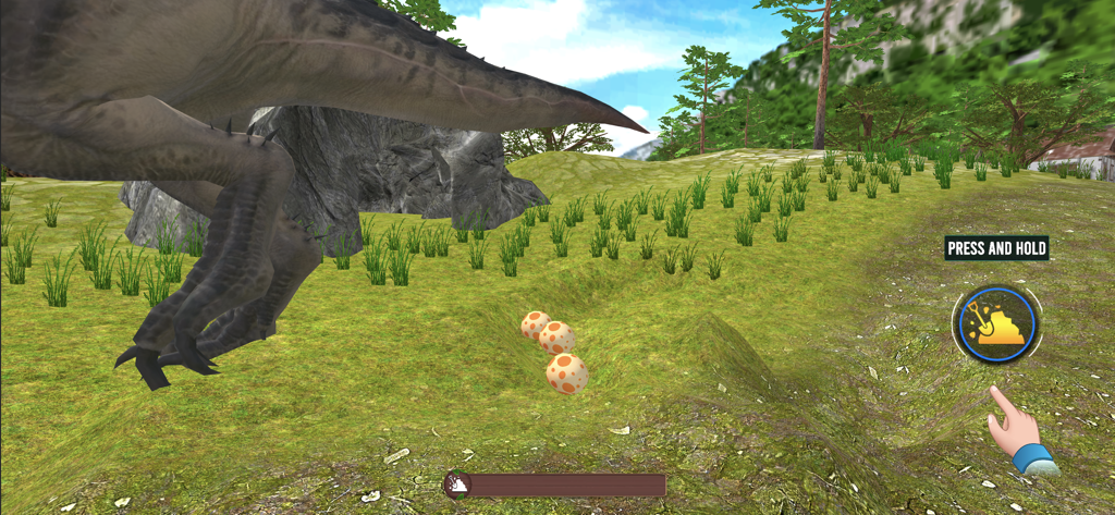 Dino Family Adventure Game - A mother dinosaur protecting three spotted eggs in a grassy field