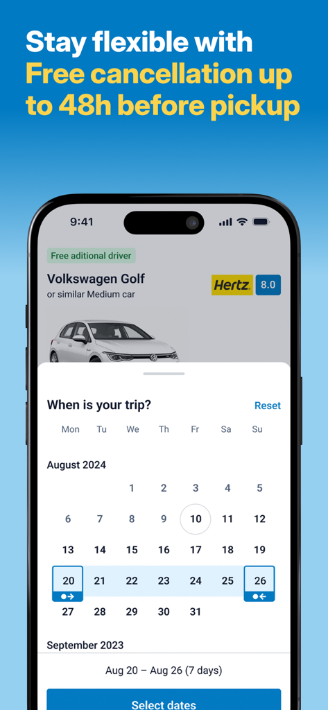 DiscoverCars－Car Rental & Hire - DiscoverCars app screen showing a calendar to select car rental dates with a message about free cancellation.