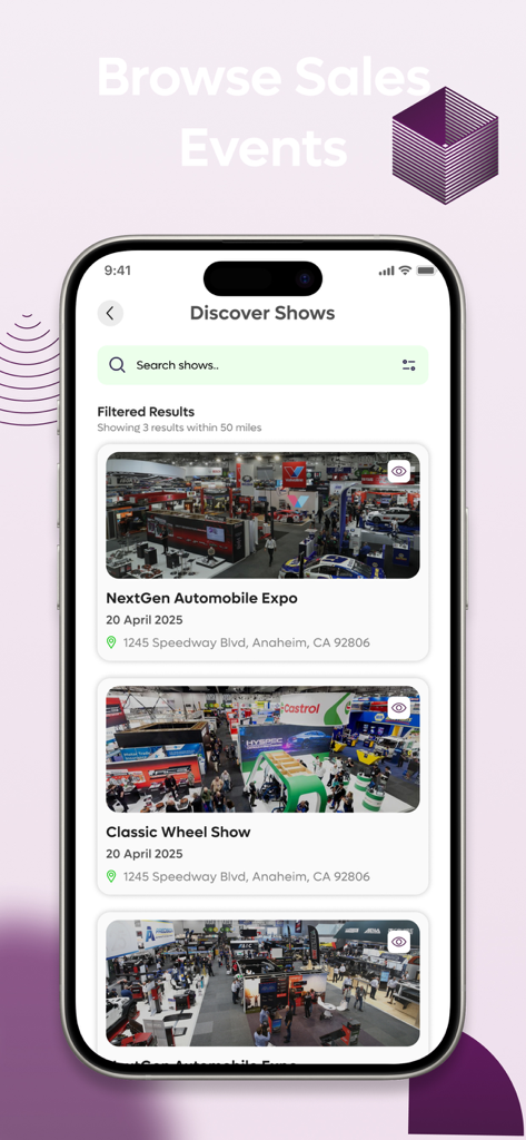 The FoundIt App - Tela de smartphone exibindo a página Descobrir Feiras do App FoundIt com listas de exposições e eventos de vendas locais