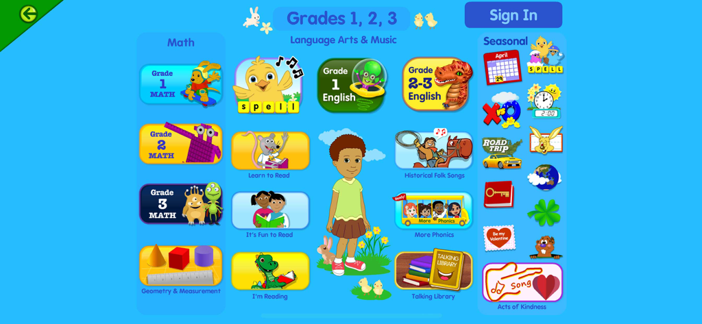 Starfall app dashboard for grades 1-3 showing math and reading lessons.
