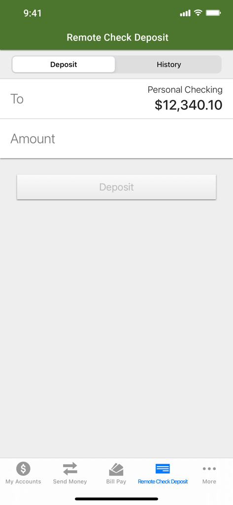 Remote check deposit screen in the Pima FCU mobile banking app