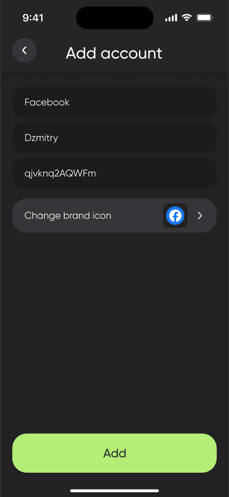 Authenticatorアプリのインターフェースで、名前とシークレットキーのフィールドを使用してFacebookアカウントを追加するための手動セットアップ画面を表示します。