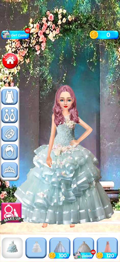 A doll character with pink hair wearing a ruffled blue floral gown in the Dress To Impress mobile game