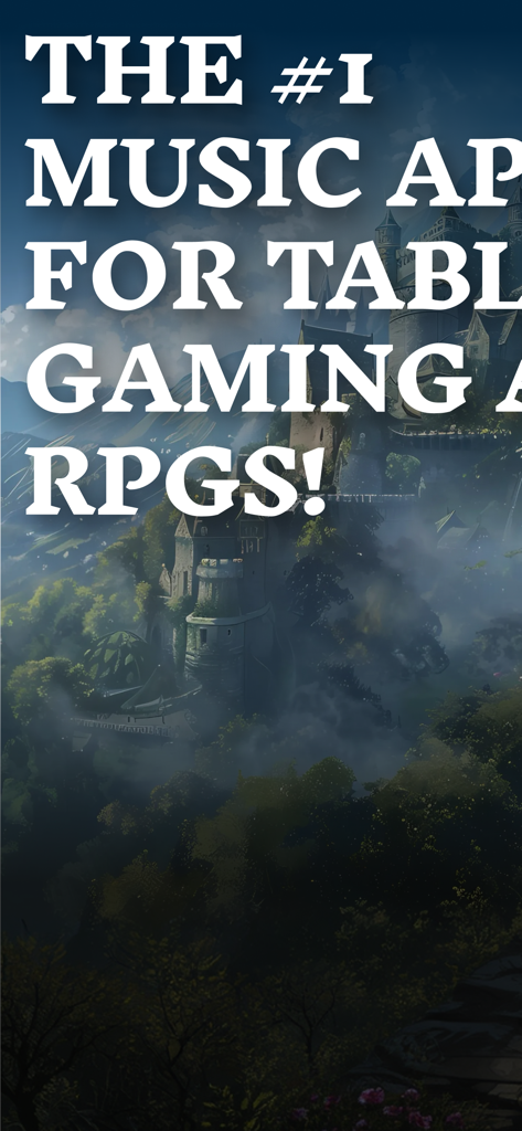 Tabletop Tunes - RPG Music App - Tabletop Tunes RPG Musik-App Werbebanner mit einer Fantasy-Burglandschaft