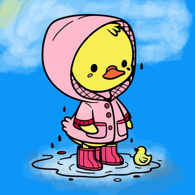 baby duck in a rain coat and boots, in a puddle while it’s raining