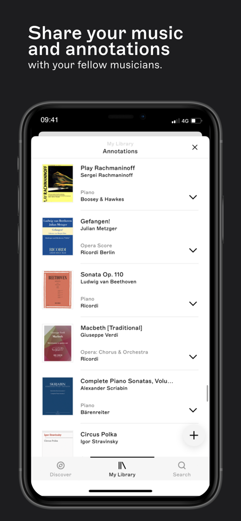 A mobile interface of the nkoda app showing the user's library of annotated sheet music from major publishers like Ricordi and Boosey and Hawkes