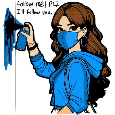 realistic girl with mask spray painting a wall