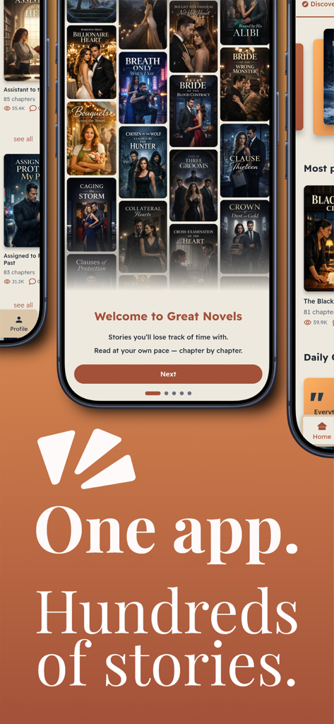 Great Novels - Great Novels app welcome screen featuring several romance book covers and the promotional text One app Hundreds of stories