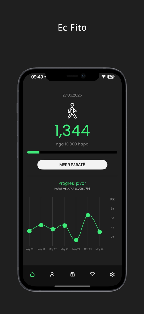 EcFito - EcFito app interface showing daily steps and weekly progress chart