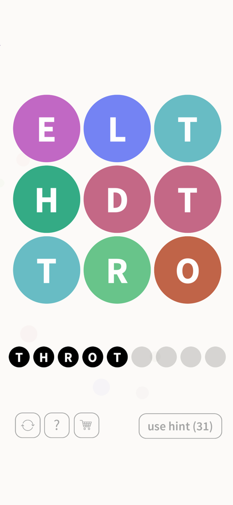 WordBubbles! - WordBubbles gameplay screen featuring a grid of colorful letter bubbles and a word search challenge