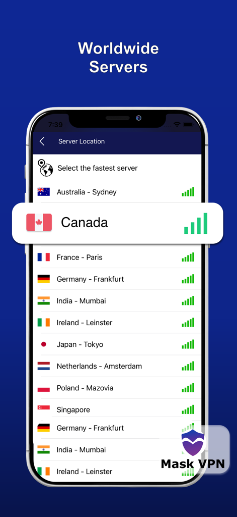 Mask VPN app displaying a list of available worldwide servers on an iPhone screen