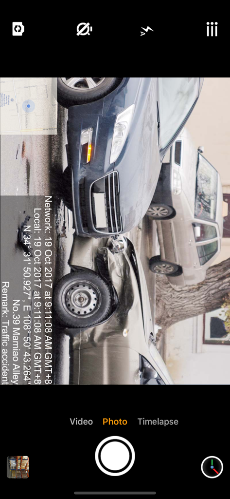 Timestamp Camera Enterprise app screenshot documenting a traffic accident with a non-forged date, time, location, and GPS watermark