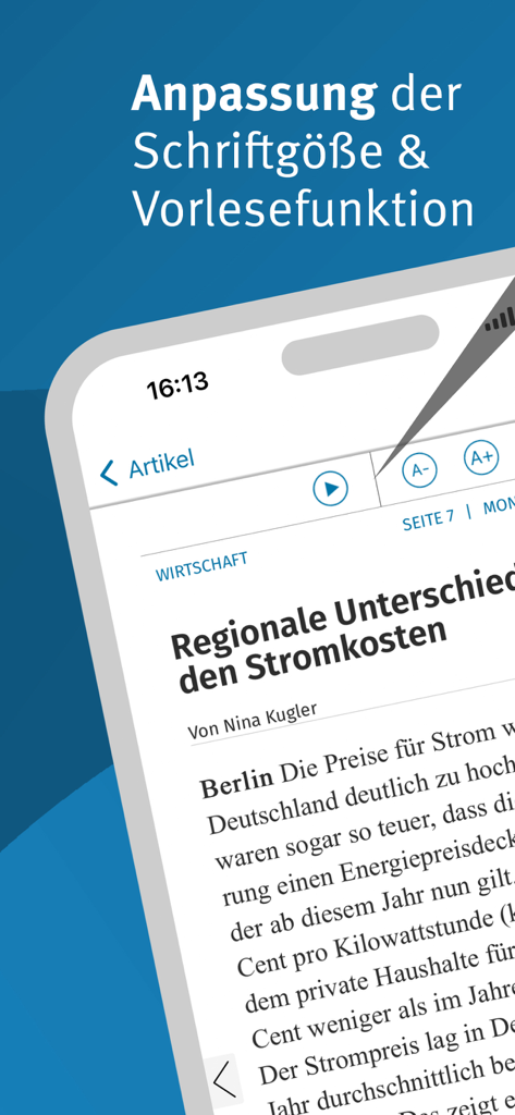 WP E-Paper - Captura de tela do aplicativo WP E-Paper mostrando controles de ajuste de tamanho de fonte e leitura em voz alta