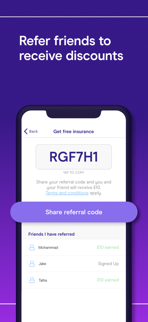 Zego Delivery app interface showing a referral code and earned rewards for referring friends to receive insurance discounts.