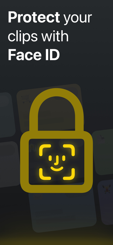 Gráfico que muestra un candado dorado con un icono de Face ID y el texto Protege tus clips con Face ID.