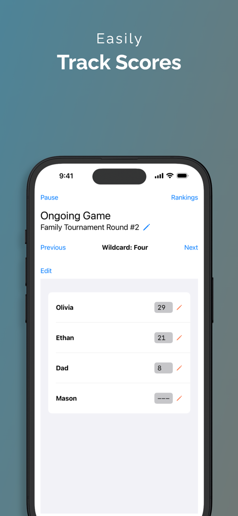 Crowns Score Keeper - クラウンズ スコアキーパーの進行中ゲームのスコア追跡画面。オリビア、イーサン、ダッドのプレイヤーのスコアが表示されています。