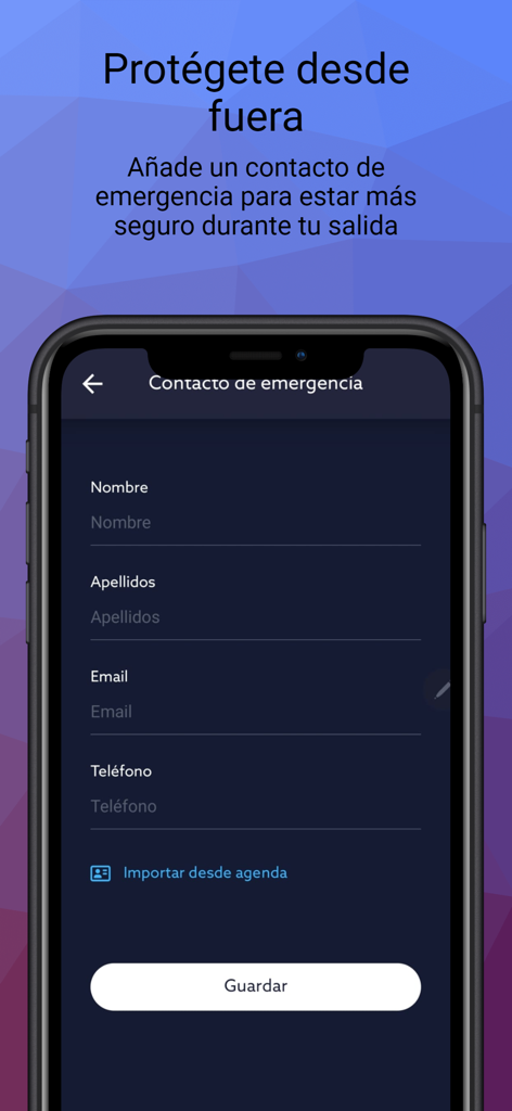 Beloo - Beloo app interface for adding an emergency contact with fields for name email and phone number