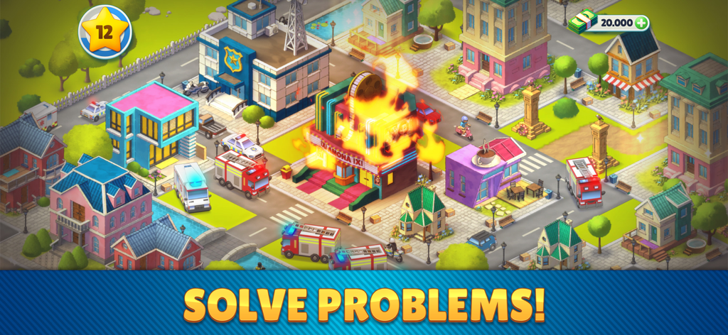 Cozy Town: City Building Game - Fire trucks and ambulances responding to a building fire in the Cozy Town city building game.